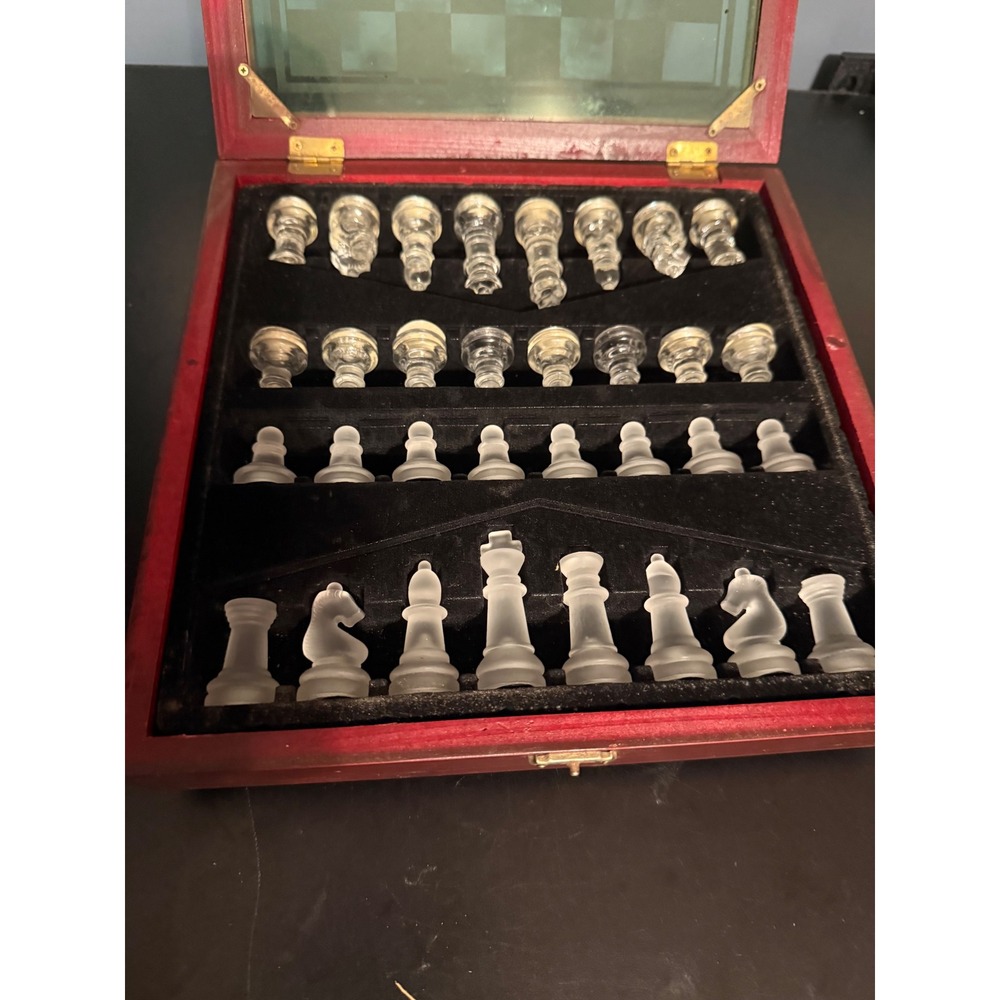 Glass Chess Set with Cherry Wood Display Case Frosted and Clear Pieces 10in
